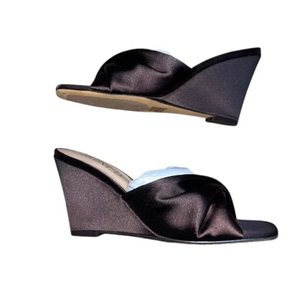 Silent D Katia Wedge Satin Twist Sandals Square Open Toe Chocolate Brown‎ 37 / 7